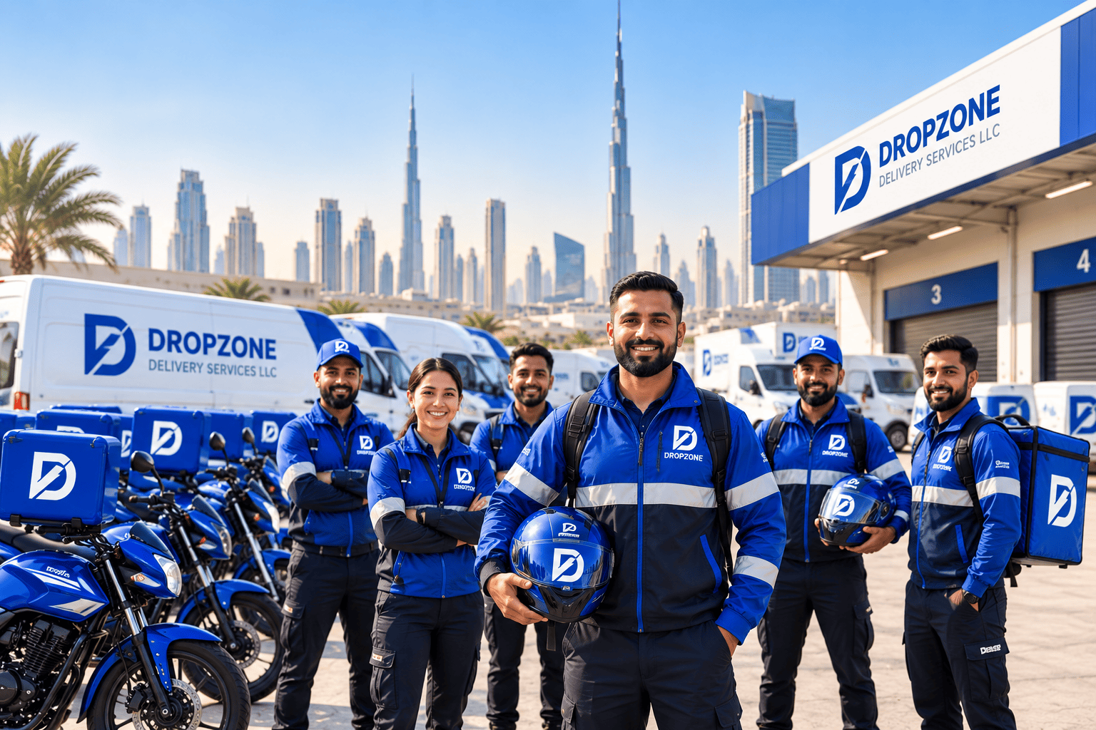 Dropzone delivery team with branded motorbikes and vans at a Dubai depot